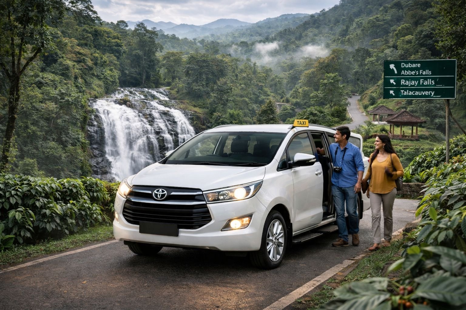 Coorg sightseeing taxi covering Abbey Falls Raja Seat Dubare Talacauvery