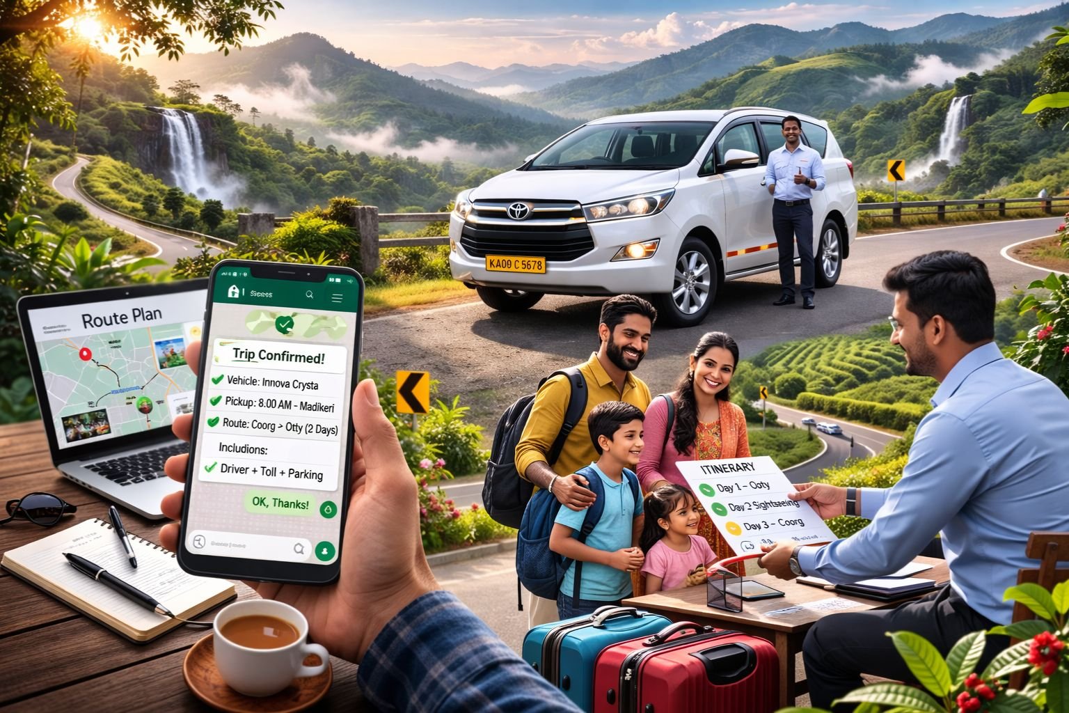 WhatsApp confirmation for Coorg cab booking with clear quote and pickup details